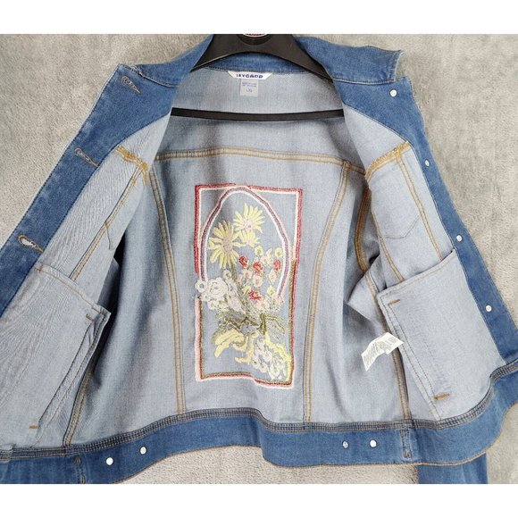 Nygard Jean Jackets Womens Large Blue Floral Embroidered Distressed Button Up - Picture 3 of 13